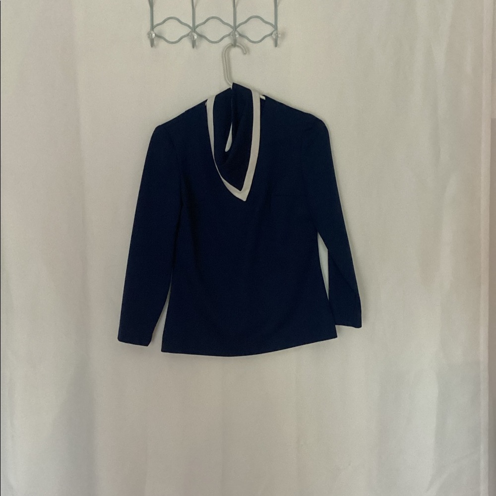 Vintage Navy and white long sleeve blouse with neck scarf